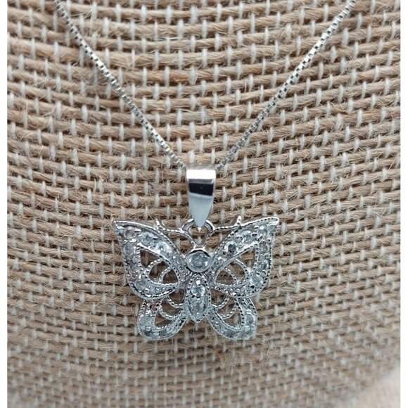 FAS 925 Sterling Silver Butterfly Pendant Crystal Accents Sterling Box Chain 20" - Picture 3 of 8
